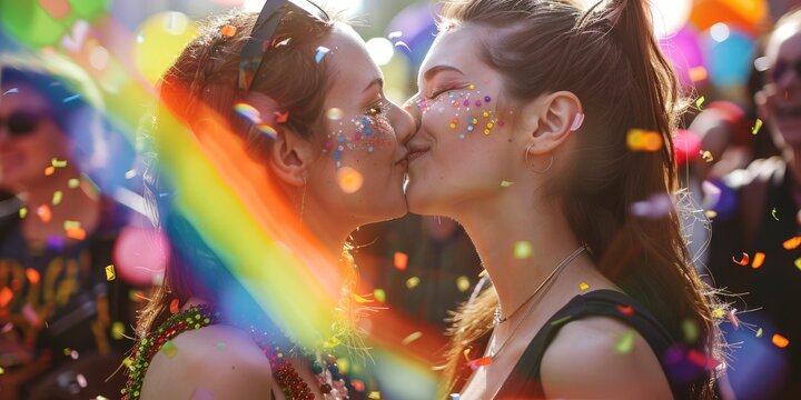 Charming lesbian girls couple kissing and celebrating on pride parade, side view, Vogue magazine style photo, blurred background 