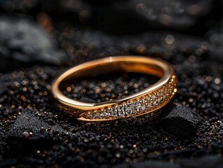 Obraz na płótnie Canvas Exquisite gold ring with diamonds close up shoot on black dirt abstract background, professional studio photo
