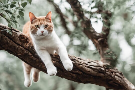 A cat is sitting on tree branch