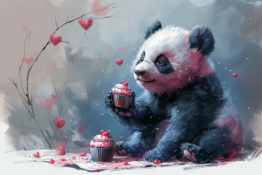 Cupcake cartoon panda on hearts background