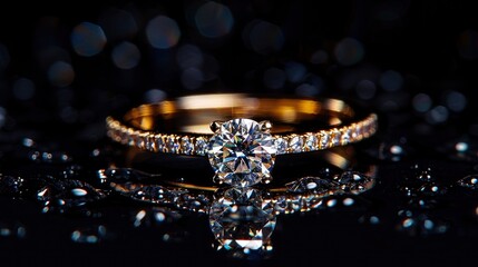 Exquisite gold wedding ring with diamonds close up shoot on black abstract background, professional studio photo
