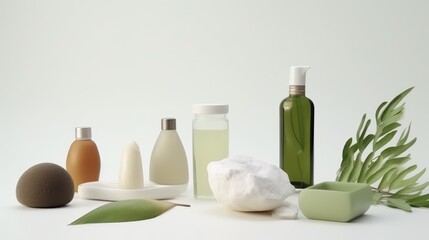 A neatly organized set of green and white bath essentials on a pristine background, offering an eco-friendly hygiene concept