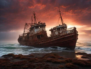 Velvet curtains Shipwreck ship wreck in the sea