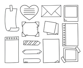 Doodle paper notes. Paper sheets, bookmarks and envelope. For to do list and memo. Vector illustration - obrazy, fototapety, plakaty