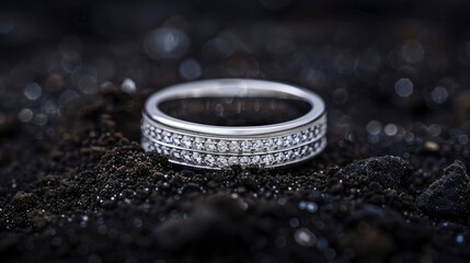 Exquisite silver ring with diamonds close up shoot on black dirt abstract background, professional studio photo