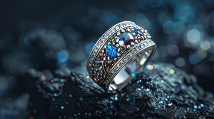 Exquisite silver ring with jewelry stones close up shoot on black abstract background, professional studio photo