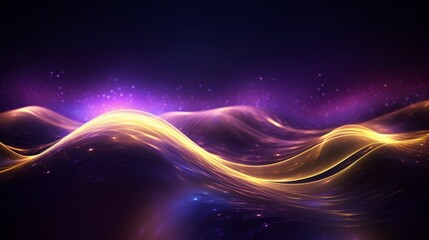 Abstract futuristic background with purple and gold glowing neon moving high speed wave lines and bokeh lights. Visualization of sound waves. Data transfer concept. Fantastic wallpaper