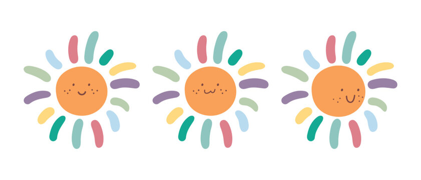 Cute hand drawn smiling suns in rainbow colors. Decoration in childish style for nursery or kids room. Vector illustration
