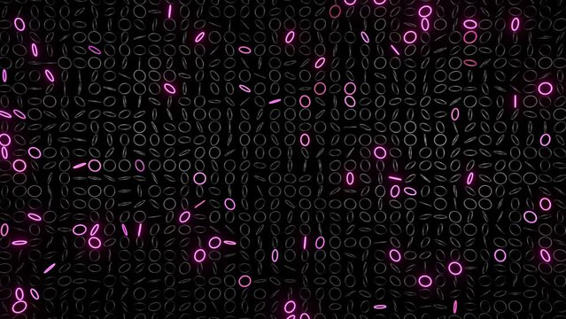 abstract festive background with rows of toruses or rings on plane flashing neon multicolored light randomly. Black rings rotating in the air. Loop beautiful bg in 4k. Smooth wiggling animation