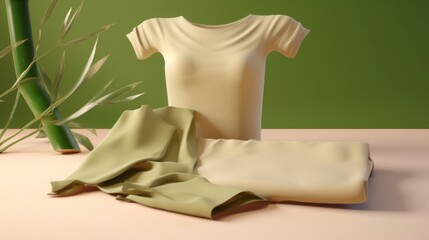 A minimalistic display of soft beige clothing with bamboo leaves, evoking a sense of calmness and simplicity in fashion.