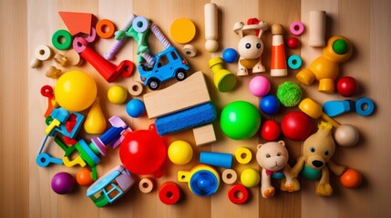Baby kids toys frame on background, Toy many colorful educational wooden. play, Top view, executive function, kid, skill, education, intelligence quotient, emotional quotient, childhood, development