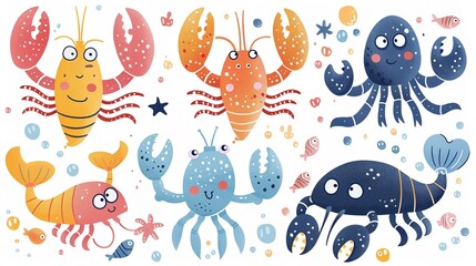 Colorful lobster set paired with cheerful krakens, cute marine animals illustrated in vector, oceanic fun