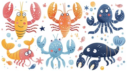 Fotobehang In de zee Colorful lobster set paired with cheerful krakens, cute marine animals illustrated in vector, oceanic fun