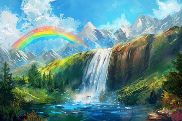 Majestic Waterfall Landscape with Vibrant Rainbow and Mountain Scenery