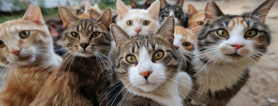 Close-Up Gathering of Various Domestic Cats, Showcasing an Array of Breeds with Captivating Eyes and Whiskers, All Looking at the Camera.
