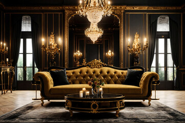 Vintage interior with antique furniture on black background. Old gondola sofa, chandelier and candelabra on table by huge mirror. Gold in black. Copyright space. Large space for inscription or logo - obrazy, fototapety, plakaty