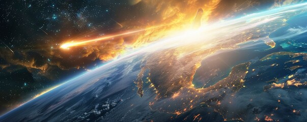 Meteorite entering the atmosphere of planet Earth, view from space, realistic graphics