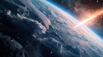 Meteorite entering the atmosphere of planet Earth, view from space, realistic graphics