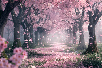 A path through a forest of cherry trees with pink blossoms