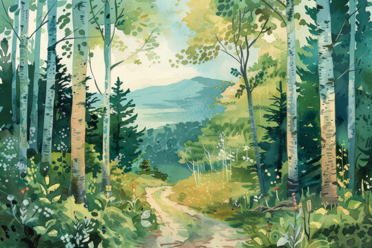 Enchanting Watercolor Forest Path Landscape Painting