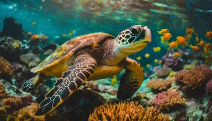 Deurstickers Sea turtle swimming on group of colorful fish and sea animals with colorful coral underwater in ocean, Underwater world in scuba diving scene, © Marko