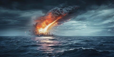 Fototapeta na wymiar Meteorite falling into the ocean on planet Earth, professional photo, catastrophe, global disaster