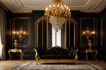 Vintage interior with antique furniture on black background. Old gondola sofa, chandelier and candelabra on table by huge mirror. Gold in black. Copyright space. Large space for inscription or logo - obrazy, fototapety, plakaty