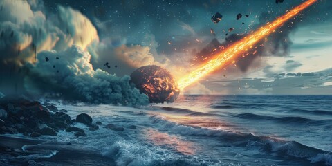Meteorite falling into the ocean on planet Earth, professional photo, catastrophe, global disaster