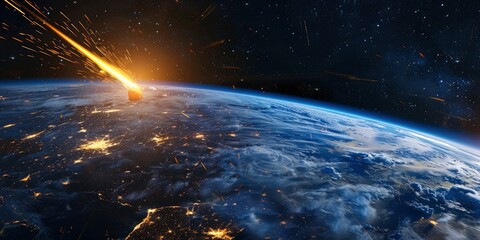 Meteorite falling on planet Earth, a second before the disaster, as seen by man, professional photo