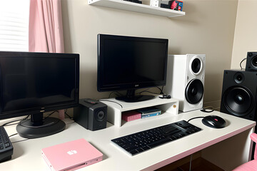 A cute, pink and black modern computer setup