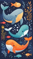 Whimsical whale cartoons, diverse colors, alongside kraken characters, marine life vector collection