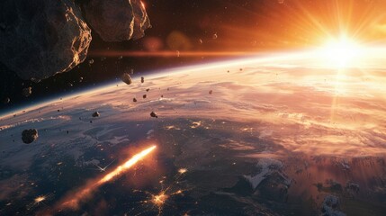 Meteorite falling on planet Earth, a second before the disaster, view from space, realistic graphics