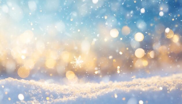 magical winter background with snow snowflakes and soft bokeh lights on blue sky cold backdrop for christmas snowy still life at frosty weather time blurred magical background
