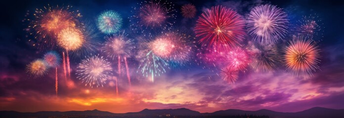 Colorful panoramic view of fireworks over night sky
