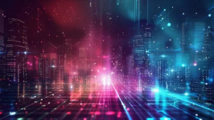 Poster cityscape with space and neon light effect. Modern hi-tech, science, futuristic technology concept. Abstract digital high tech city design for banner background © pinkrabbit