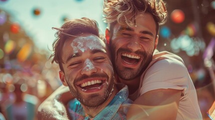 Two beautiful gay men hugging and celebrating on pride parade, Vogue magazine style photo, blurred background