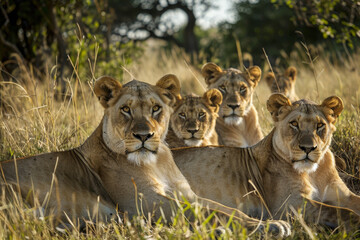 Fototapeta premium A group of lions are laying in the grass, one of them looking at the camera