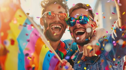 Two beautiful gay men hugging and celebrating on pride parade, Vogue magazine style photo, blurred background