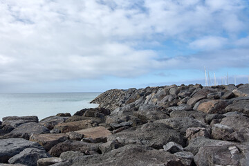 View of the volcanic rocks from the beach of Vila Franca do Campo in San Miguel, Azores, Portugal