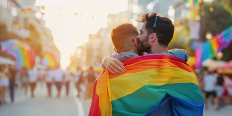 Two beautiful gay men hugging while wrapped in an LGBT flag on pride parade, professional photo, blurred background - obrazy, fototapety, plakaty
