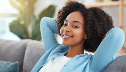 Woman, smile and portrait for relax and happy in home or indoor on weekend and alone on break and joy. Young person and attractive for peace, rest or chill in living room or house on sofa on mockup - obrazy, fototapety, plakaty