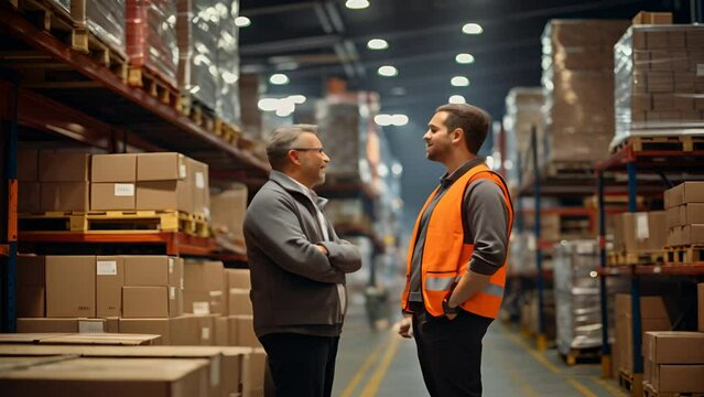 Warehouse manager talking with logistics employee in warehouse, planning transport of products, talking shipping process.