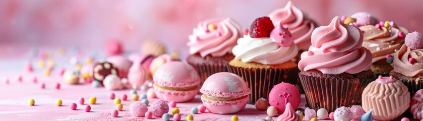 A row of pink cupcakes with frosting and sprinkles on top - obrazy, fototapety, plakaty