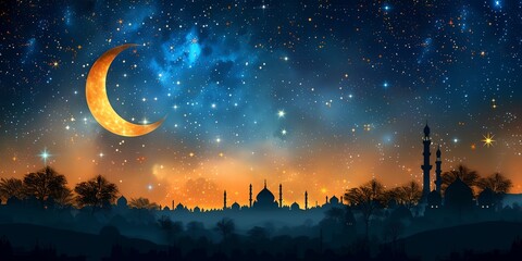 A moon is in the sky with a starry background - obrazy, fototapety, plakaty