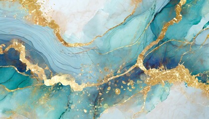 abstract blue and gold paint splash background with golden stains cyan marble alcohol ink drawing effect turquoise geode with kintsugi illustration design template for wedding festive - obrazy, fototapety, plakaty