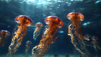 Intricate orange jellyfish sway rhythmically beneath the sun-kissed waves, a mesmerizing marine spectacle.