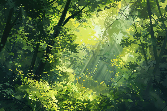 A painting of a forest with sunlight shining through the trees
