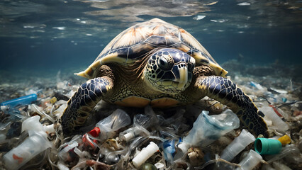 Conceptual art for World Oceans Day: A resilient sea turtle gracefully swims through a murky seabed littered with plastic debris.
