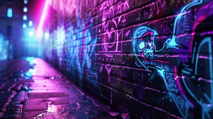 Cyberpunk city wall graffiti neon glow concept background wallpaper ai generated image - obrazy, fototapety, plakaty