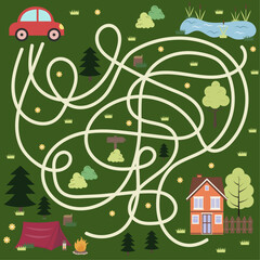 Children's vector card with street and cars. A game for children with a road in the form of a labyrinth.